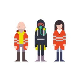 three geometric character designs stand side by side