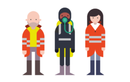 three colourful geometric characters on a white background. A male and female in heavy duty workwear, alongside a diver