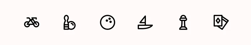 sport icons from the noun project. These take the form of simple monoweight line drawings of, from left-to-right, a bicycle, a skittle, a bowling ball, a yacht, a chess pawn, and playing cards