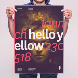 a poster for a nightclub launch party. a female face is presented in a yellow and purple gradient map with contrasting type coloured in white and pink