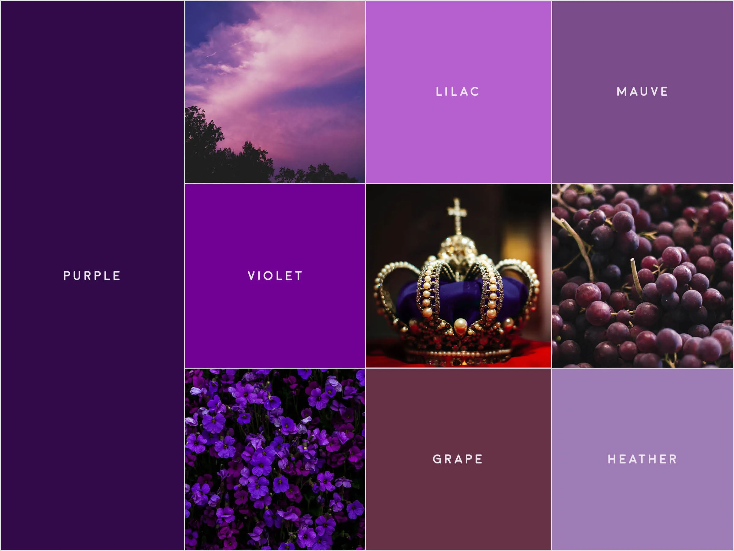 A gridded image with various tones of purple, and small photographs of a crown, flowers, grapes, and a sunset