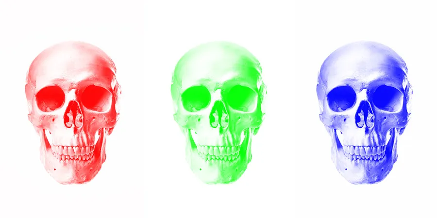 three isolated skulls demonstrating effects achieved by using channel colour separations in photoshop