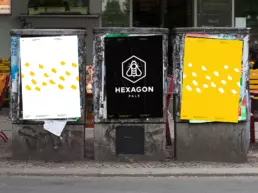 three posters for hexagon beer, showing the logo and the bee paint pattern