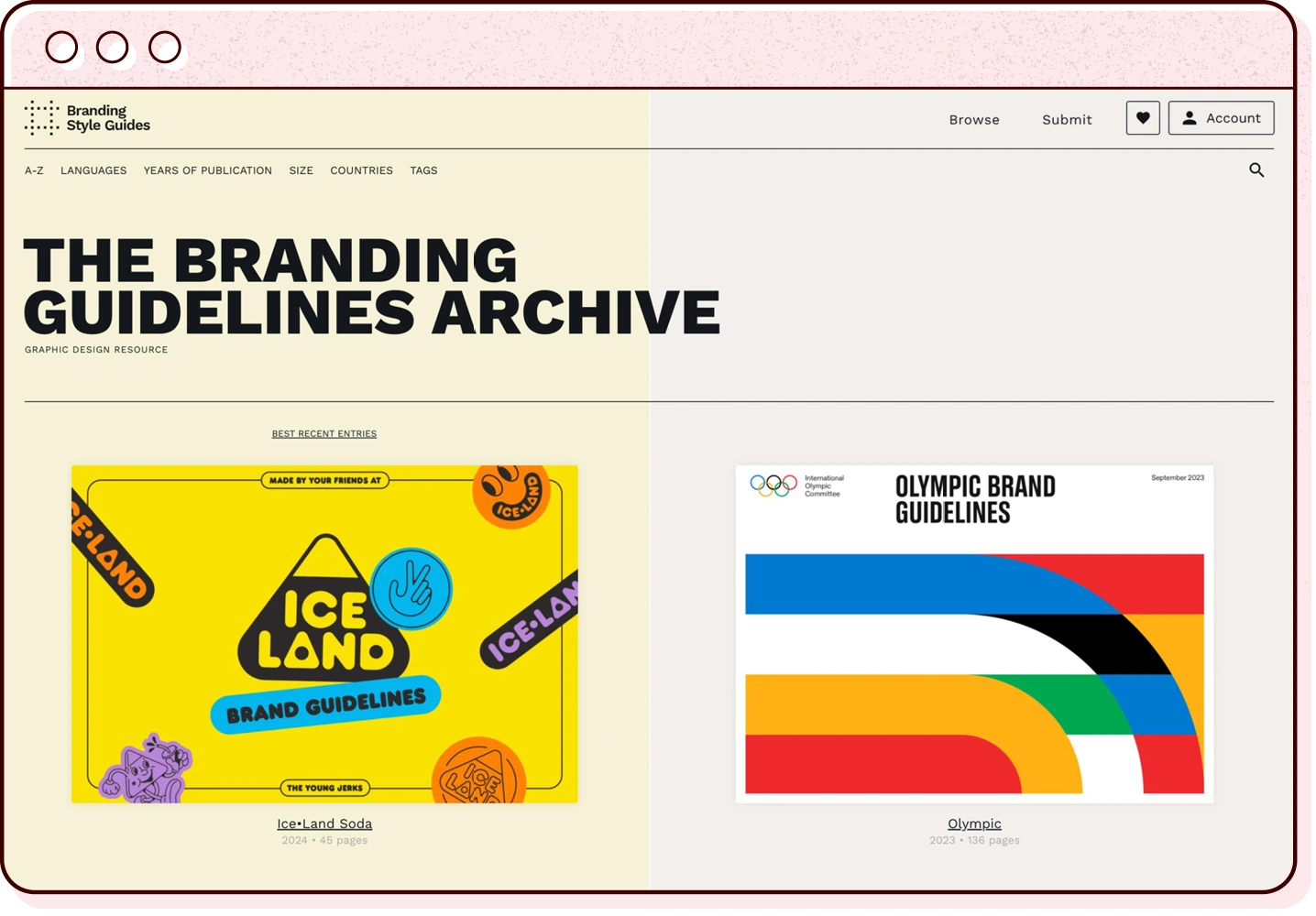 a browser window illustration featuring the branding guidelines archive homepage