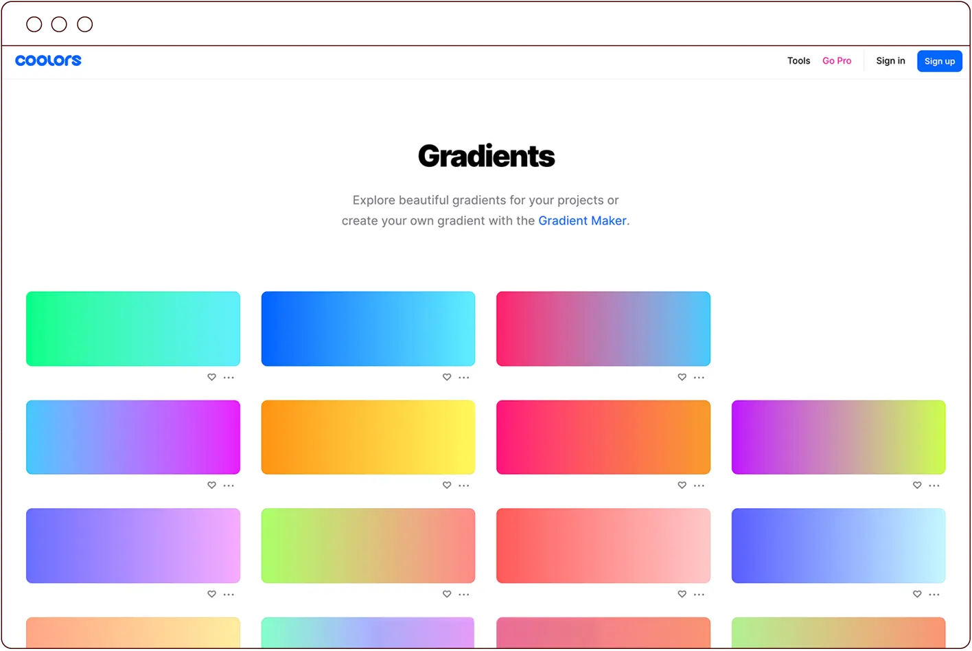 a browser window illustration featuring a screenshot of the coolors gradient list
