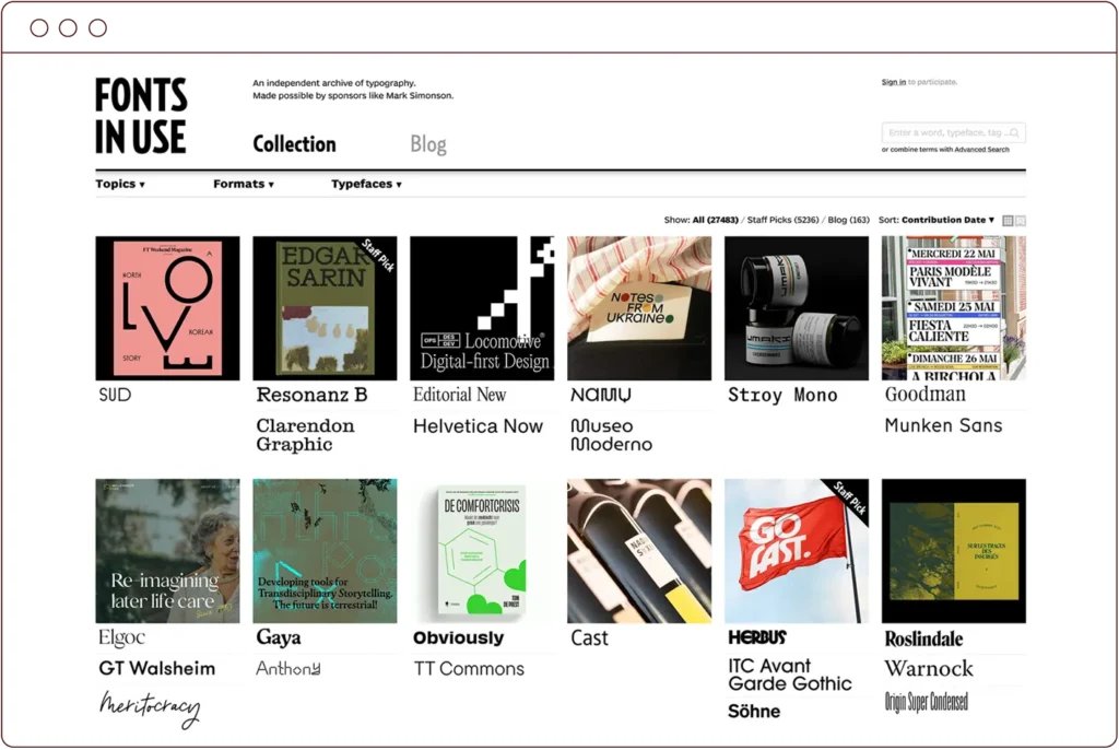 a browser window illustration featuring a screenshot of the fonts in use website