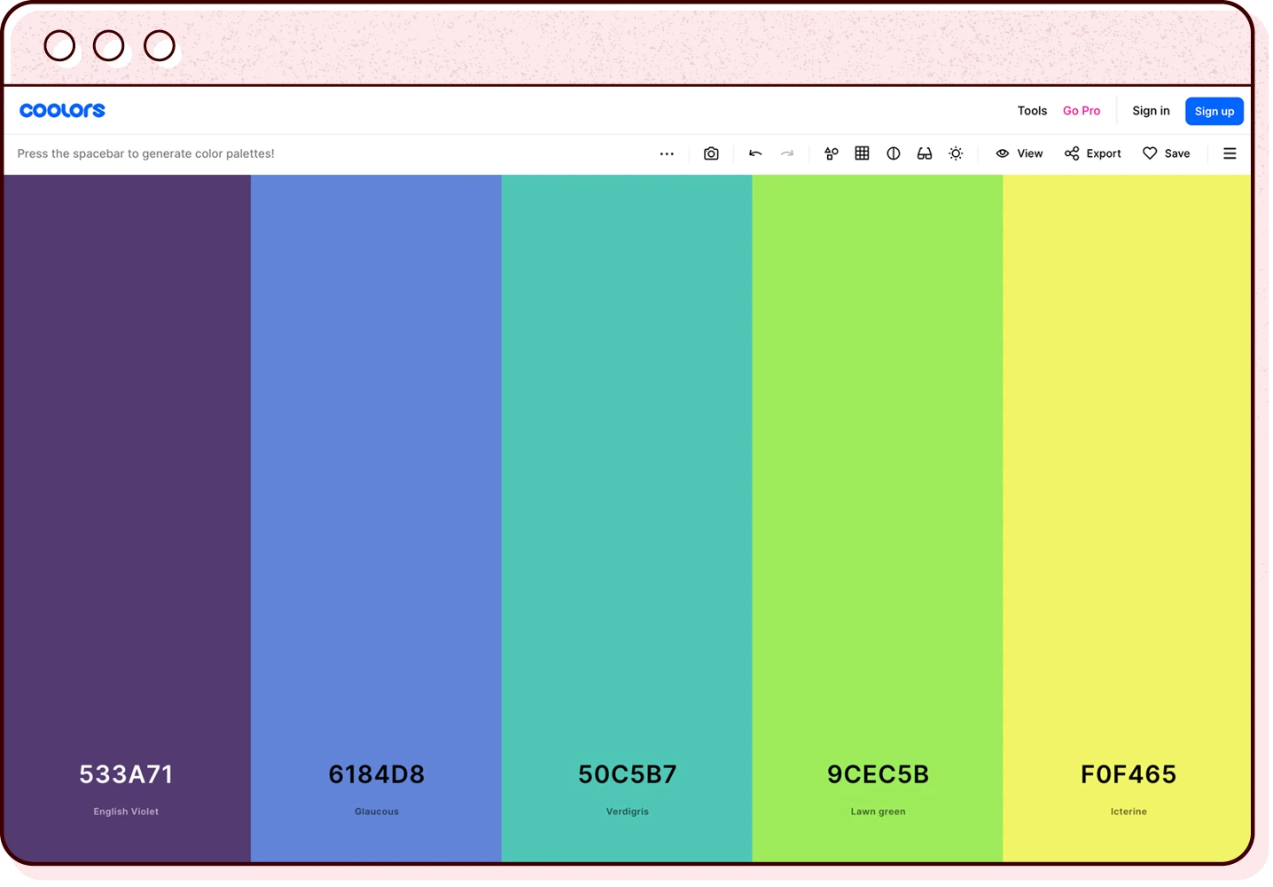 a browser window illustration featuring a screenshot of the coolors palette generator