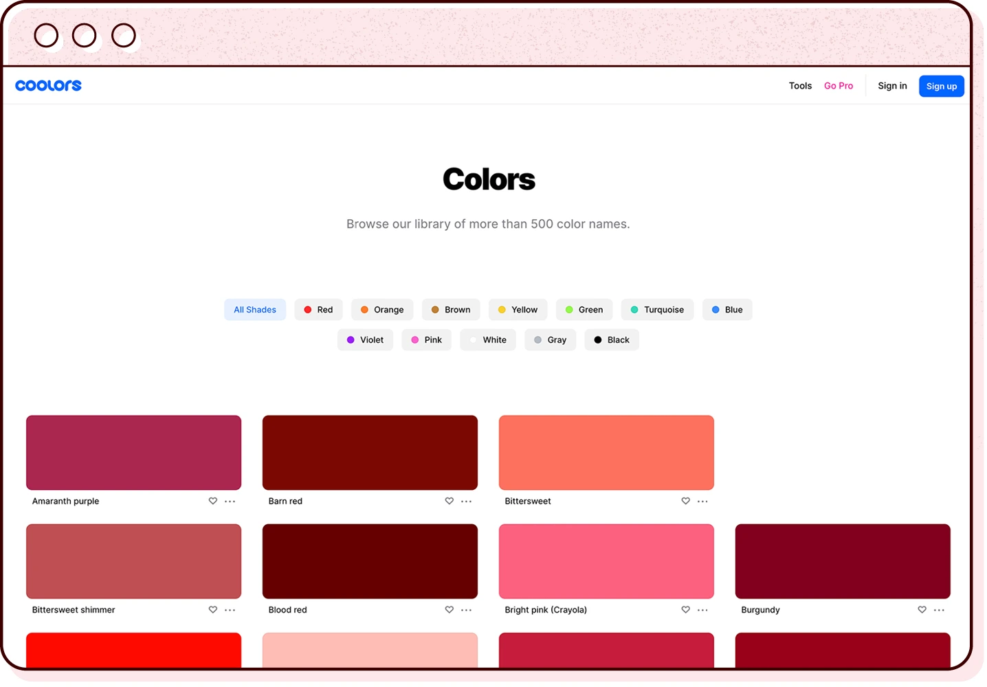 a browser window illustration featuring a screenshot of the coolors named colour list