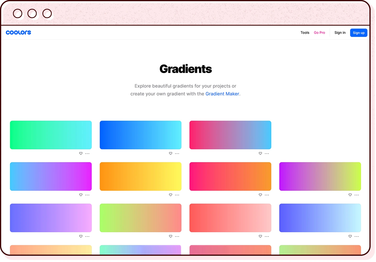 a browser window illustration featuring a screenshot of the coolors gradient list