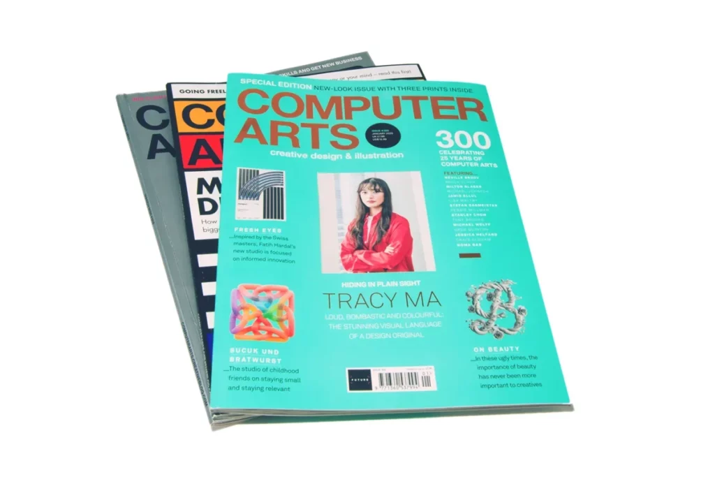 Three copies of the British design magazine, Computer Arts. Isolated on a white background