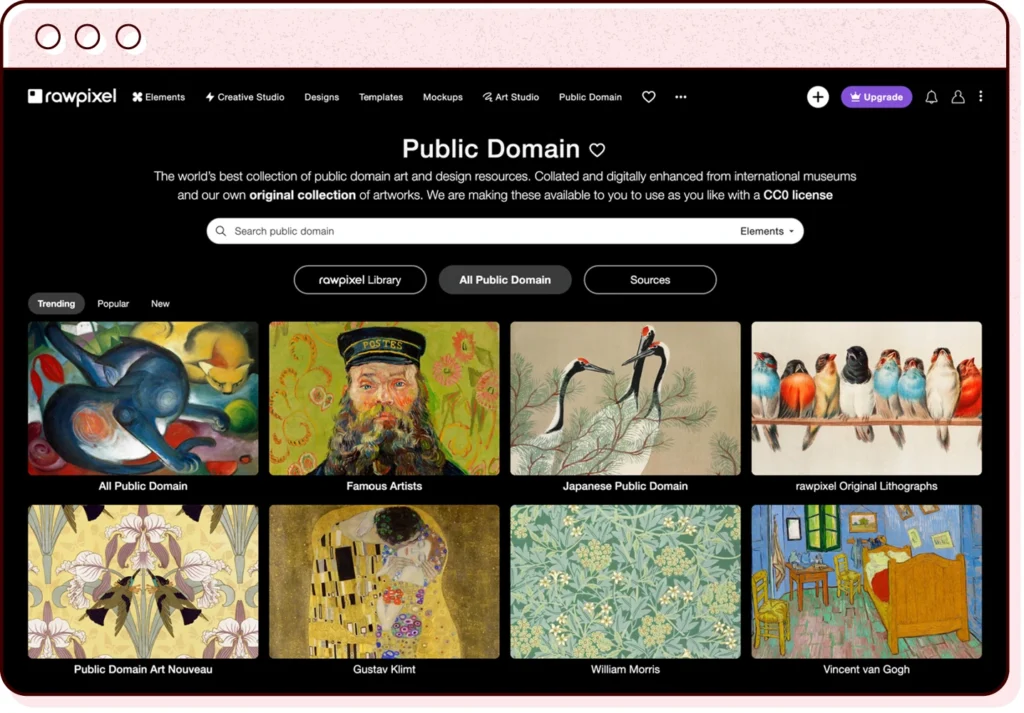 a browser window illustration featuring a screenshot of the public domain section of the raw pixel website