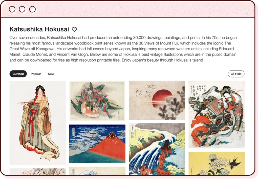 a browser window illustration featuring a screenshot of the katsushika hokusai section of the raw pixel website