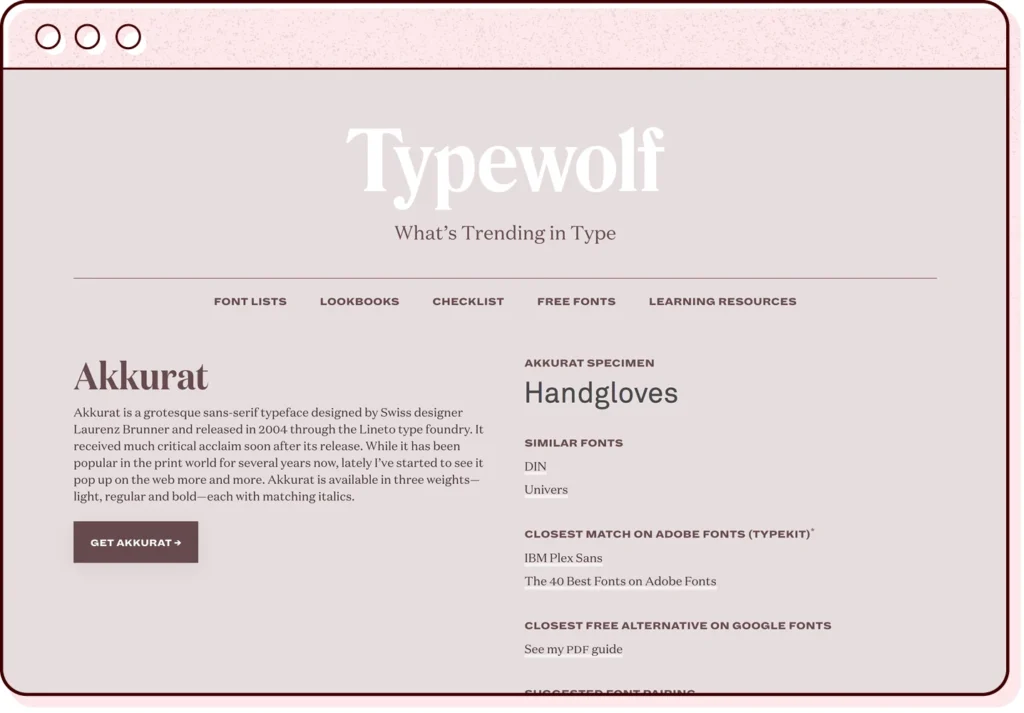 a browser window illustration featuring a screenshot of a detail page from the typewolf website