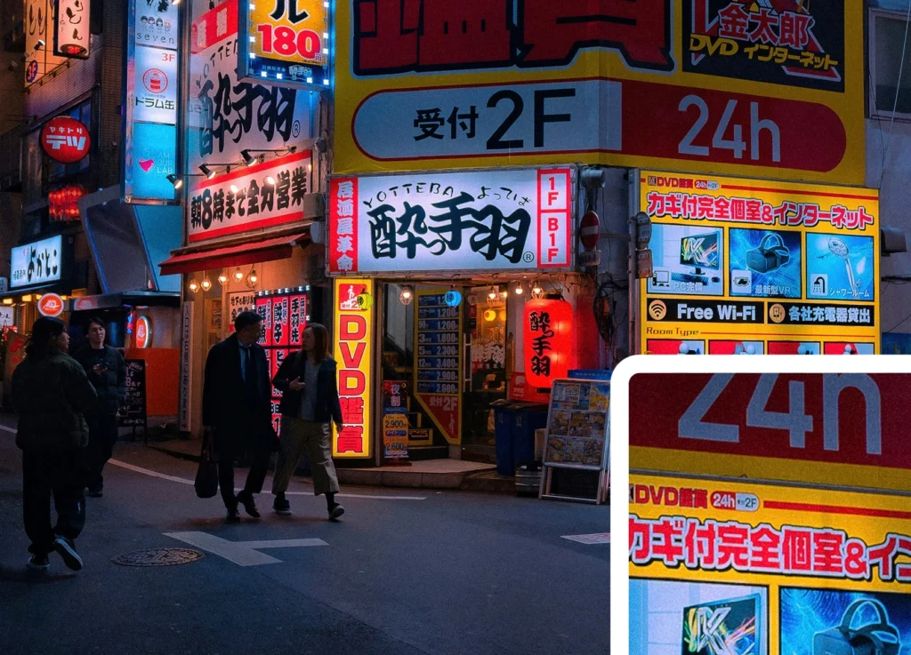 a tokyo night scene with people and lit up advertising