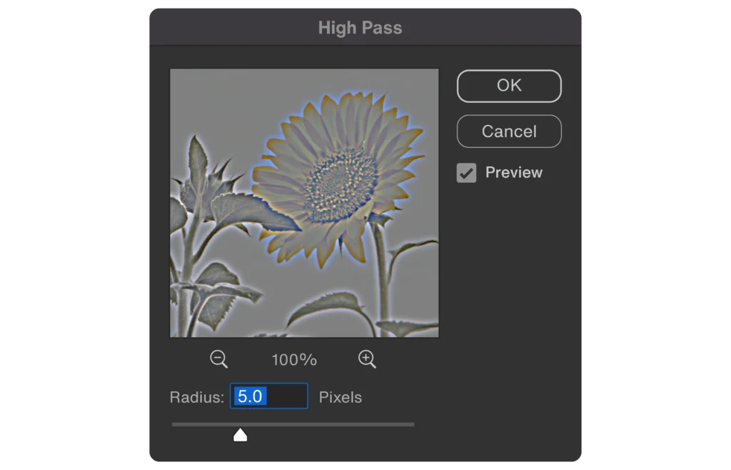 ui illustration of the high pass filter from adobe photoshop - radius 5 pixels