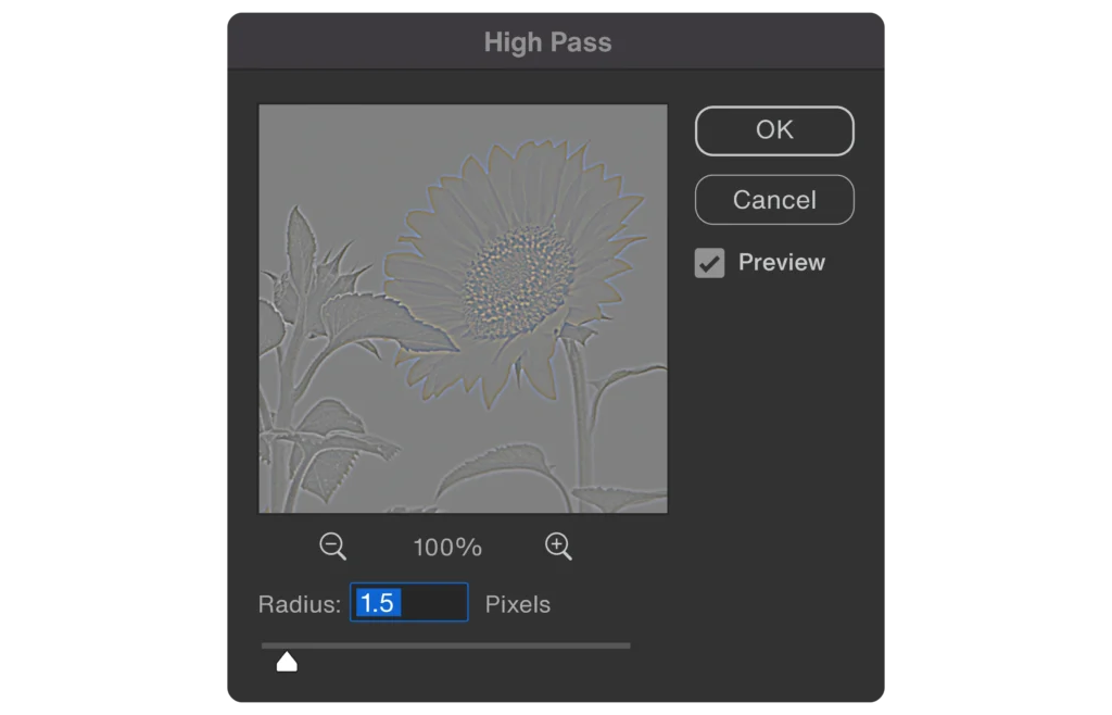 ui illustration of the high pass filter from adobe photoshop - radius 1.5 pixels