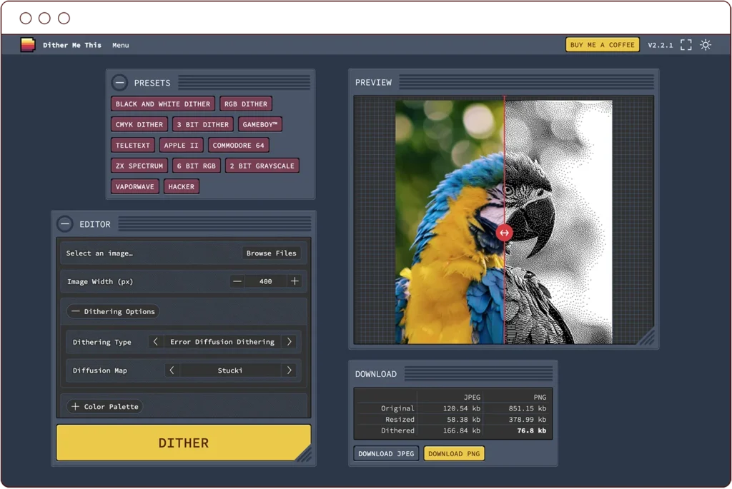 screenshot of the dither me this interface