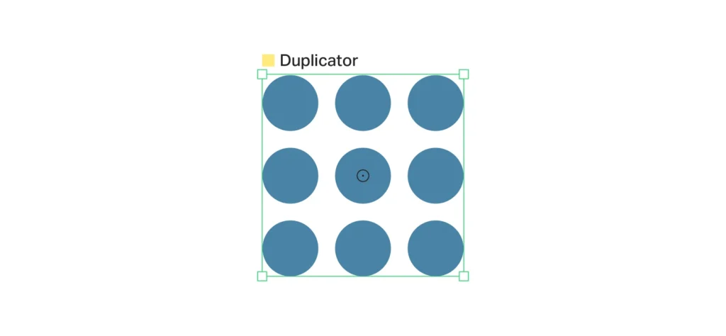 a duplicator example in cavalry - a 3x3 grid is made of copies of an original blue circle