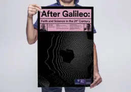 ian ramsey centre event poster, the space probe galileo is presented in a dithered computer graphic style
