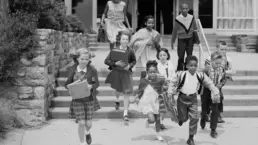 vintage image of school childen leaving for the day